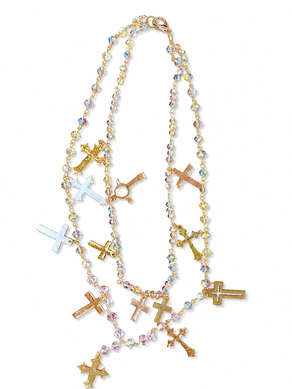 Relic Theory "Heaven Help Me" Necklace with Iridescent Beads and Resin Crosses